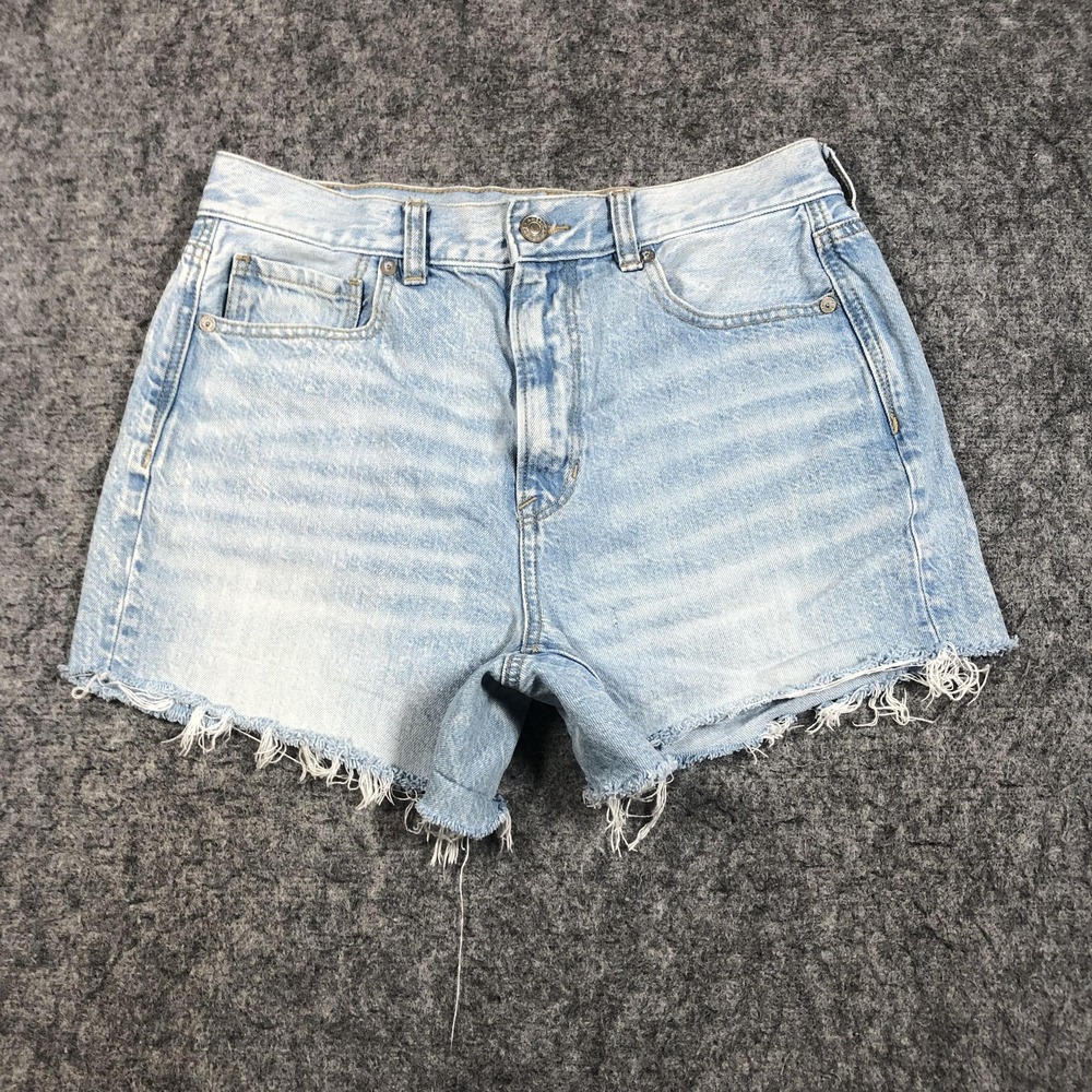 American Eagle Mom Jean Shorts Womens 6 High Rise Denim Frayed Hem Blue